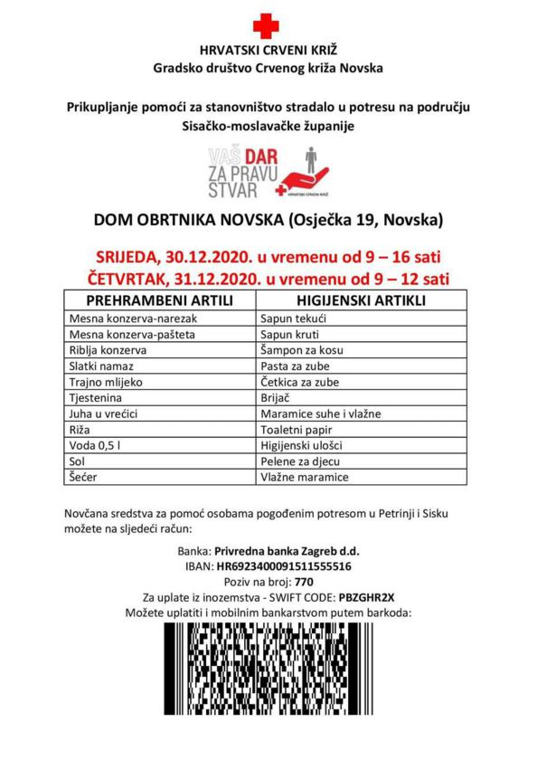 NOVSKA - Prikupljanje pomoći za stanovništvo stradalo u potresu na području Sisačko-moslavačke županije