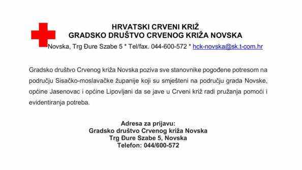Važna obavijest za stanovnike pogođene potresom koji su smješteni na području Grada Novske, općine Jasenovac i Lipovljani