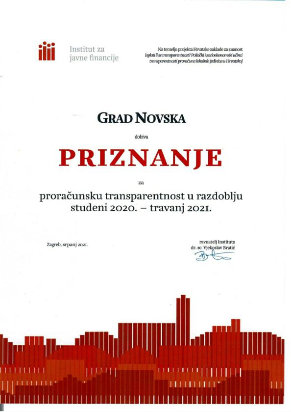 Grad Novska petu godinu za redom dobio Priznanje za transparentnost Proračuna