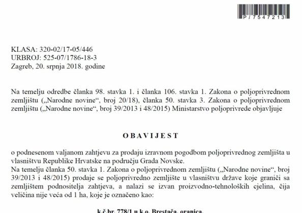 Obavijest o prodaji zemljišta u vlasništvu Republike Hrvatske