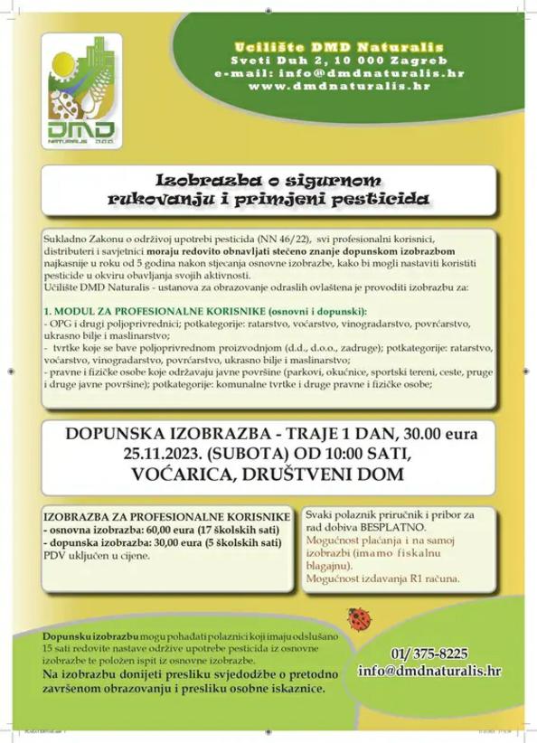 Izobrazba o sigurnom rukovanju i primjeni pesticida - 25.11., Voćarica - društveni dom